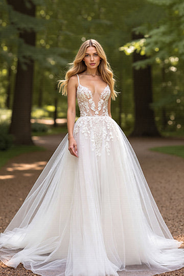 A Line V Neck Ivory Wedding Dress with Appliques